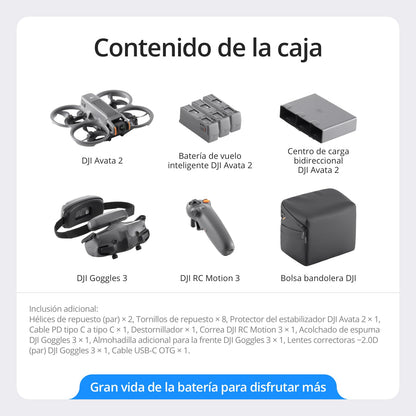 DJI Pack Avata 2 Vuela Más (3 baterías), dron FPV con cámara 4K, Acrobacias con un Toque, Protector de hélices Integrado, dron con cámara con Goggles 3 y RC Motion 3