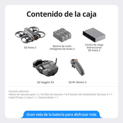Pack DJI Avata 2 Vuelo Inteligente (tres baterías), dron FPV con cámara 4K, experiencia inmersiva, acrobacias con un toque, protector de hélices integrado, dron con cámara con Goggles N3 y RC Motion 3