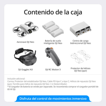DJI Pack Neo Motion Vuela Más, dron mini con cámara 4K UHD para adultos, 135 g dron que vuela siguiéndote, despega desde la mano, seguimiento de objetivos, QuickShots, con RC Motion 3 y 3 baterías