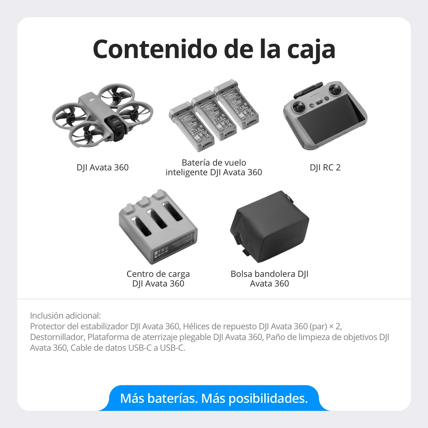 Pack DJI Avata 360 Vuela Más (RC 2), dron 360° con imagen 360° de 1 pulgada 8K para FPV y filmación aérea, dron con cámara 360° con protector de hélices. Incluye RC 2 y tres baterías.