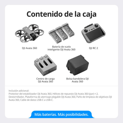 Pack DJI Avata 360 Vuela Más (RC 2), dron 360° con imagen 360° de 1 pulgada 8K para FPV y filmación aérea, dron con cámara 360° con protector de hélices. Incluye RC 2 y tres baterías.