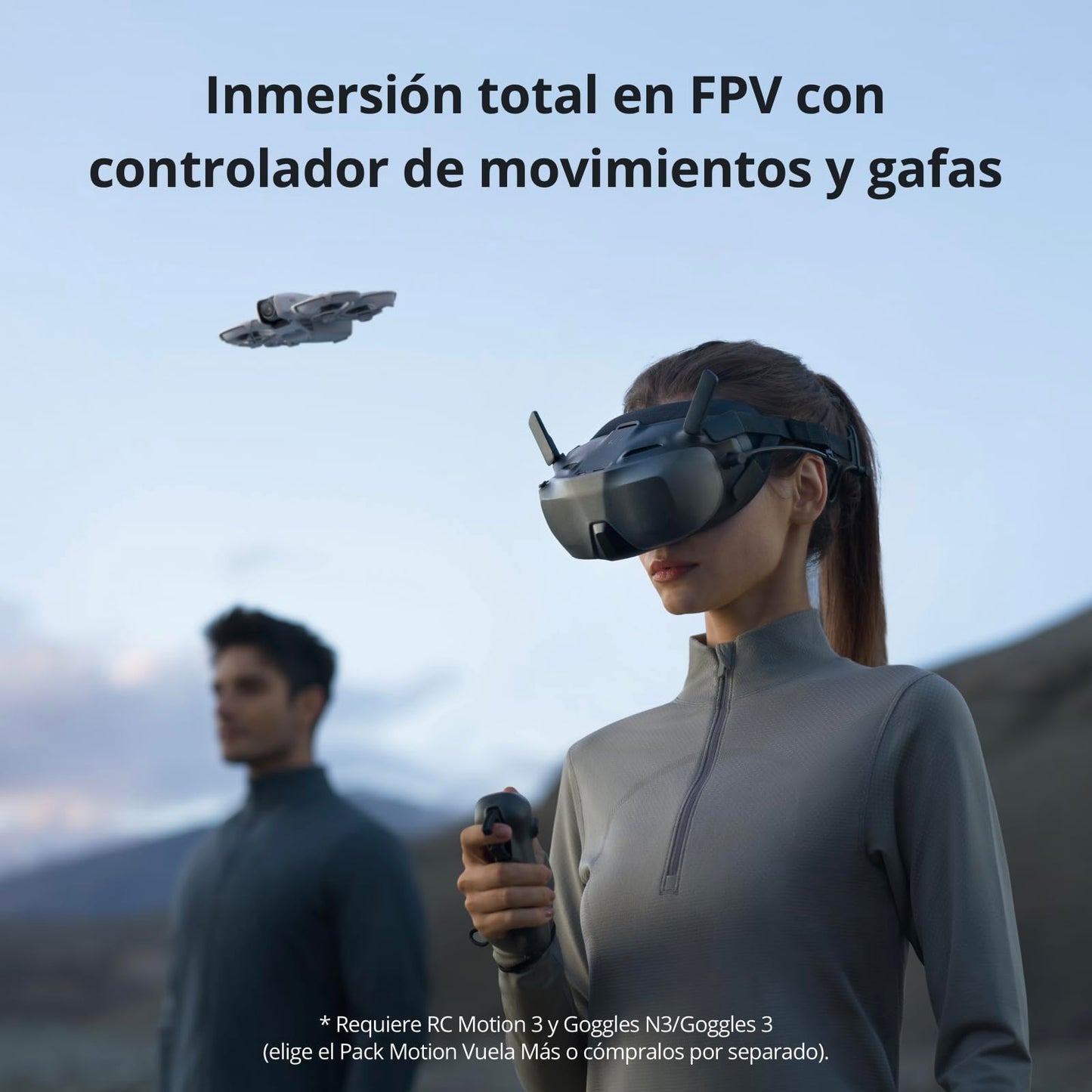 DJI Pack Neo Motion Vuela Más, dron mini con cámara 4K UHD para adultos, 135 g dron que vuela siguiéndote, despega desde la mano, seguimiento de objetivos, QuickShots, con RC Motion 3 y 3 baterías
