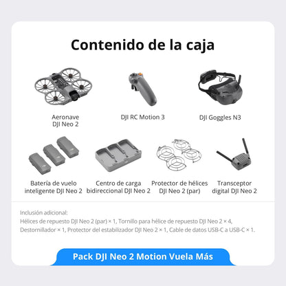 Pack DJI Neo 2 Motion: Dron 4K FPV para Principiantes con RC Motion 3, Goggles N3, 3 Baterías + Bundle 2 (Incluye Luz Estroboscópica, Adaptador y Set de Limpieza)