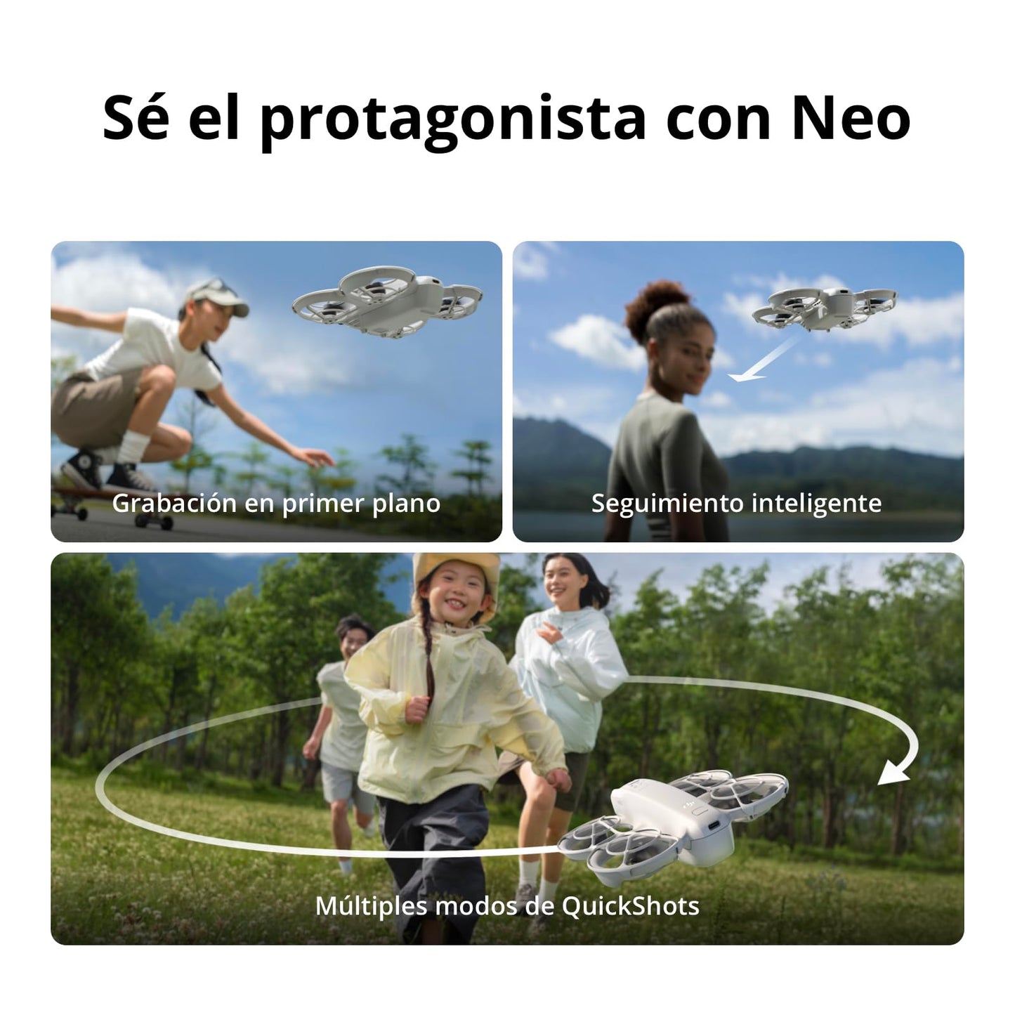 DJI Pack Neo Motion Vuela Más, dron mini con cámara 4K UHD para adultos, 135 g dron que vuela siguiéndote, despega desde la mano, seguimiento de objetivos, QuickShots, con RC Motion 3 y 3 baterías